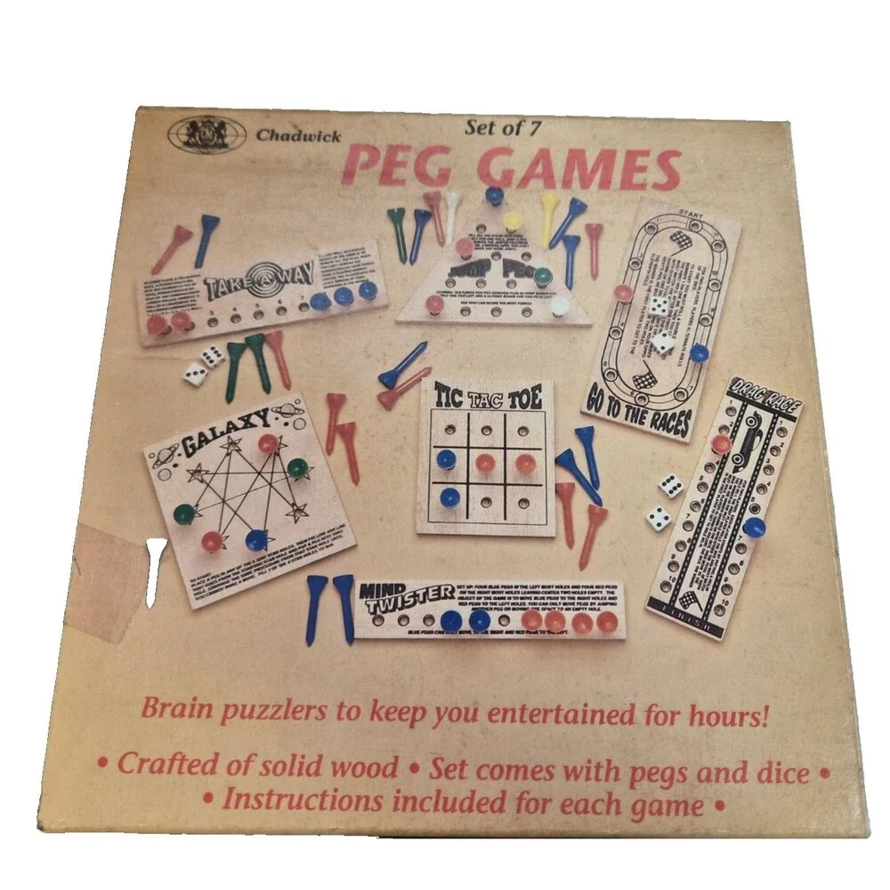 Vintage Chadwick 7 Piece Set Wood Peg Board Games Travel Multi Game Box Complete